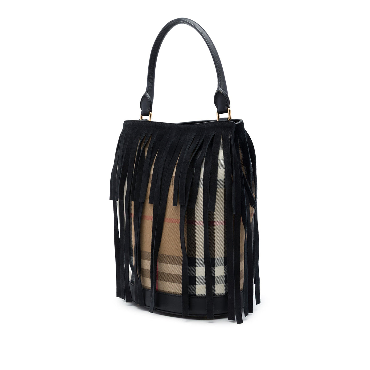 Burberry House Check Canvas and Suede Fringe Bucket Bag — Black