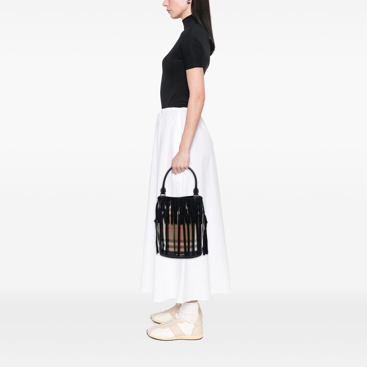 Burberry House Check Canvas and Suede Fringe Bucket Bag — Black