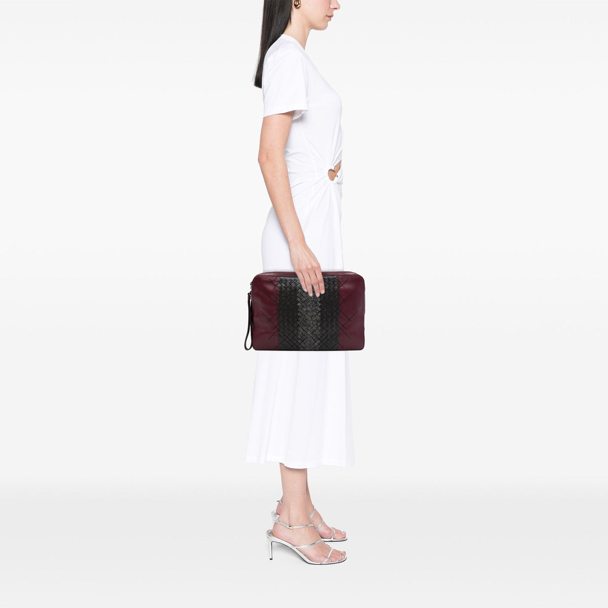 Bottega Veneta Tricolor Intrecciato Trimmed Stitched Nappa Clutch — Red