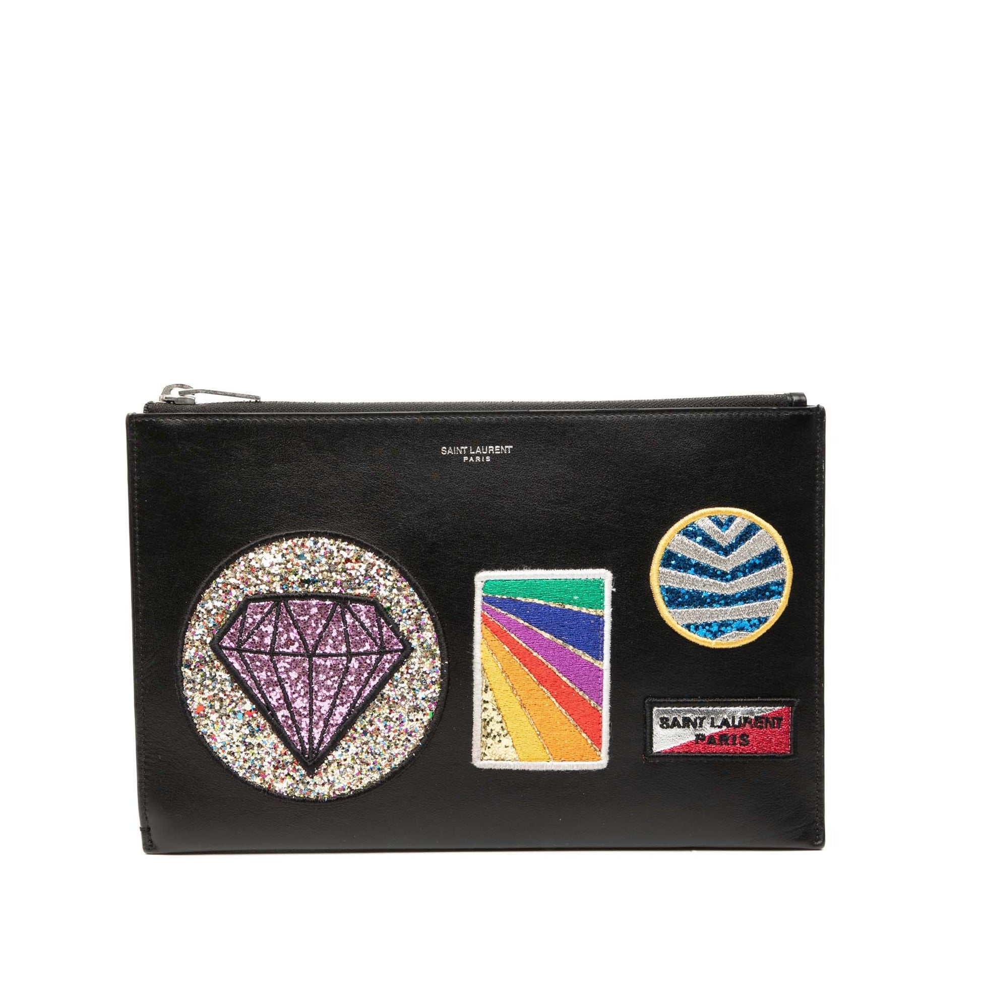 Leather Multi Patch Zip Pouch