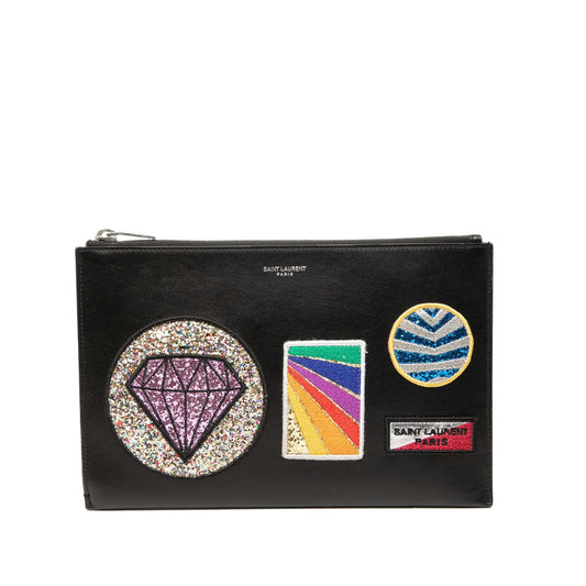 Leather Multi Patch Zip Pouch