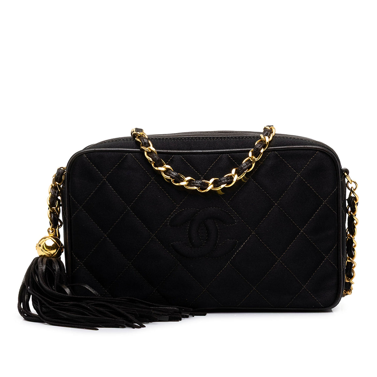 Chanel CC Diamond Quilted Satin Tassel Camera Bag — Black