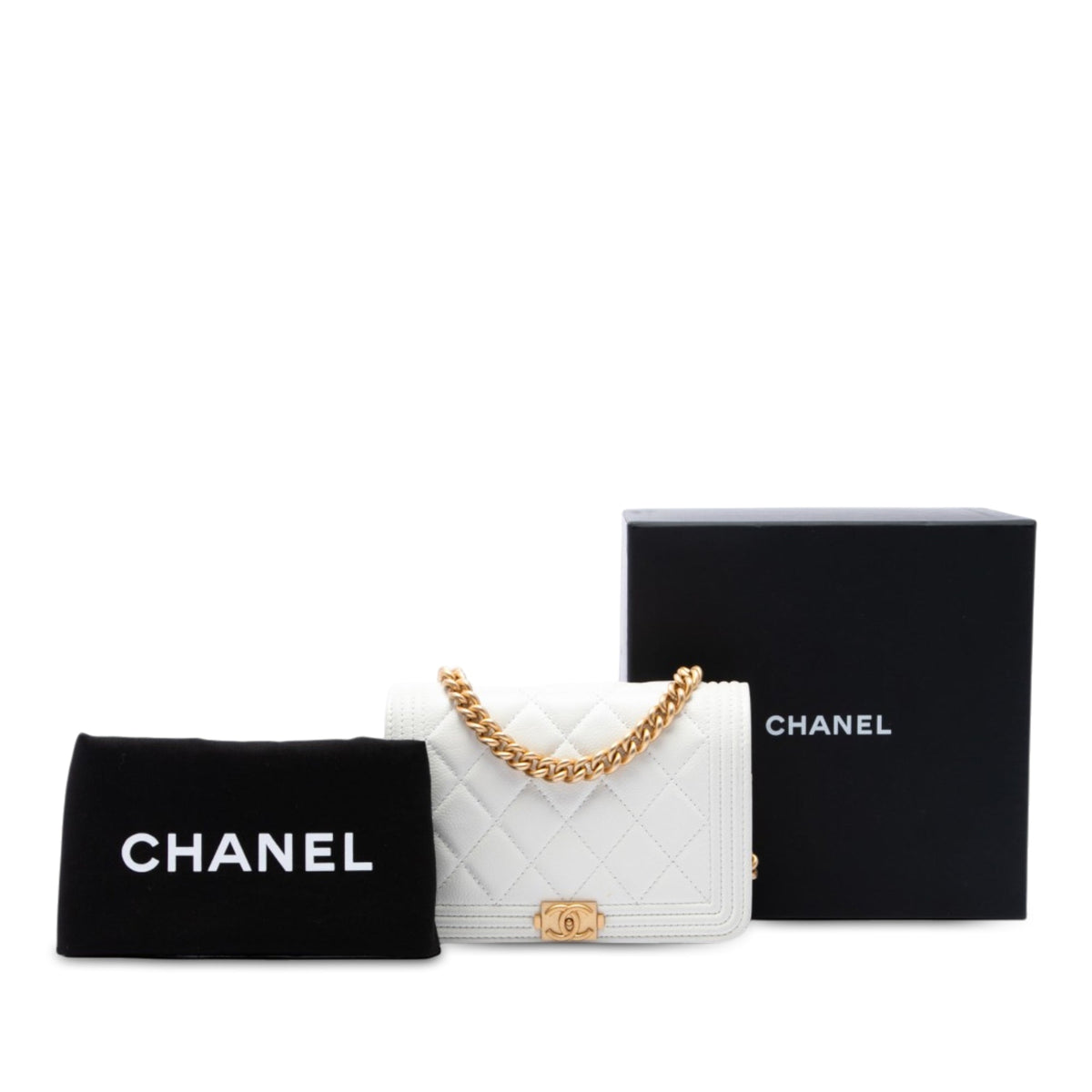 Chanel Mini Quilted Caviar Boy Wallet On Chain — White