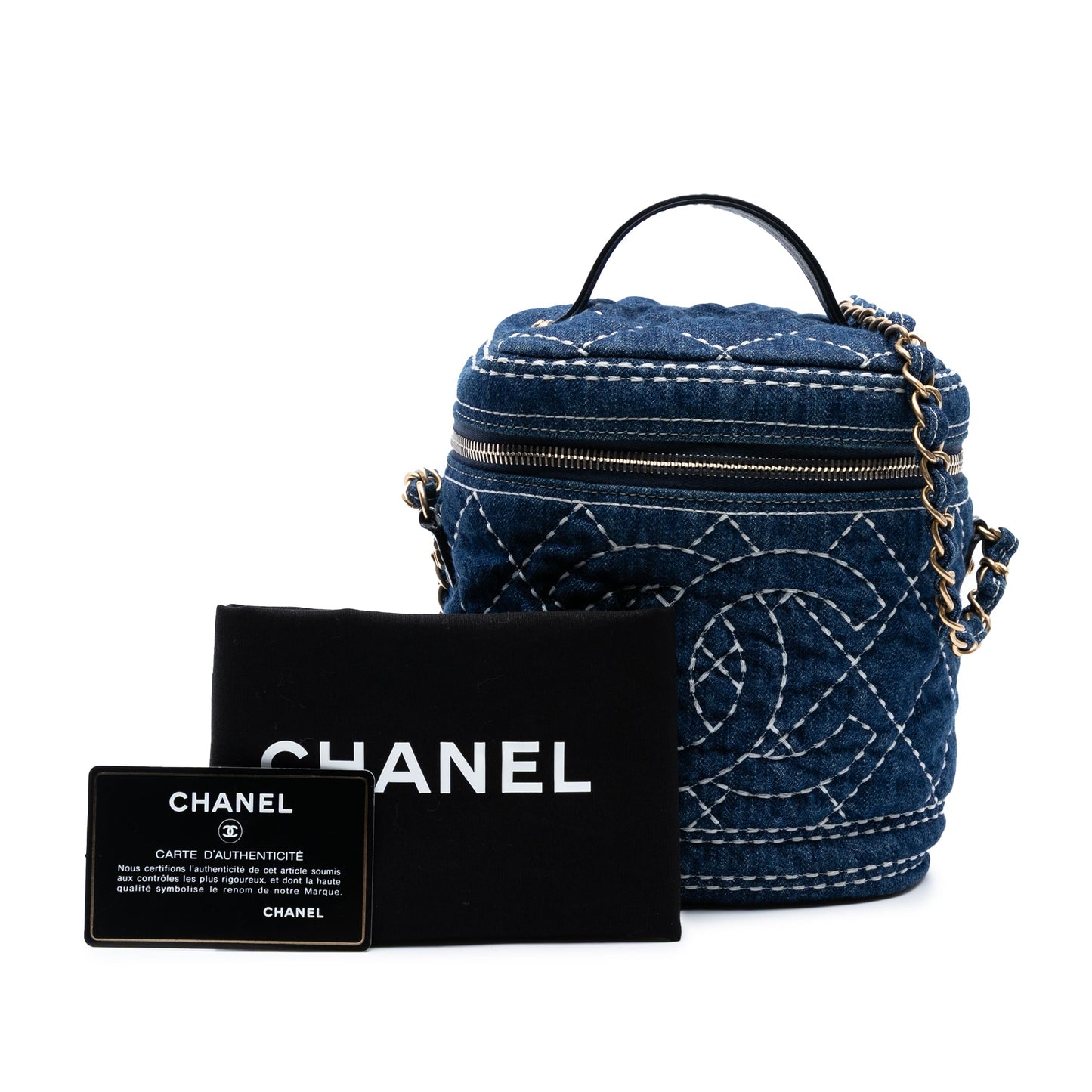 Chanel CC Quilted Denim Trip Vanity Case with Chain