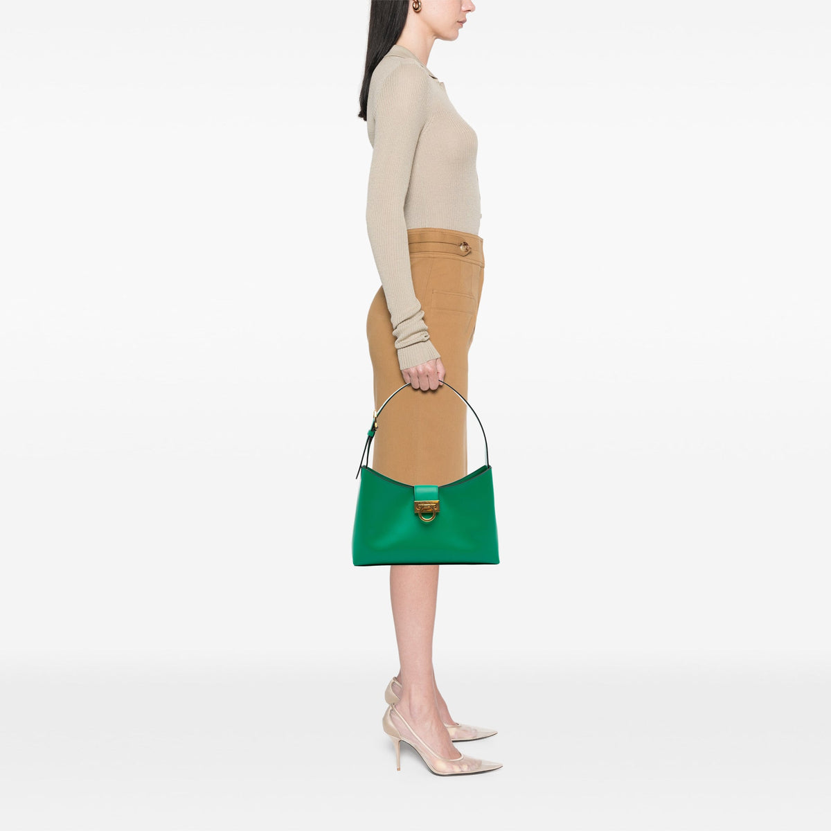 Ferragamo Leather Gancini Trifolio Shoulder Bag — Green
