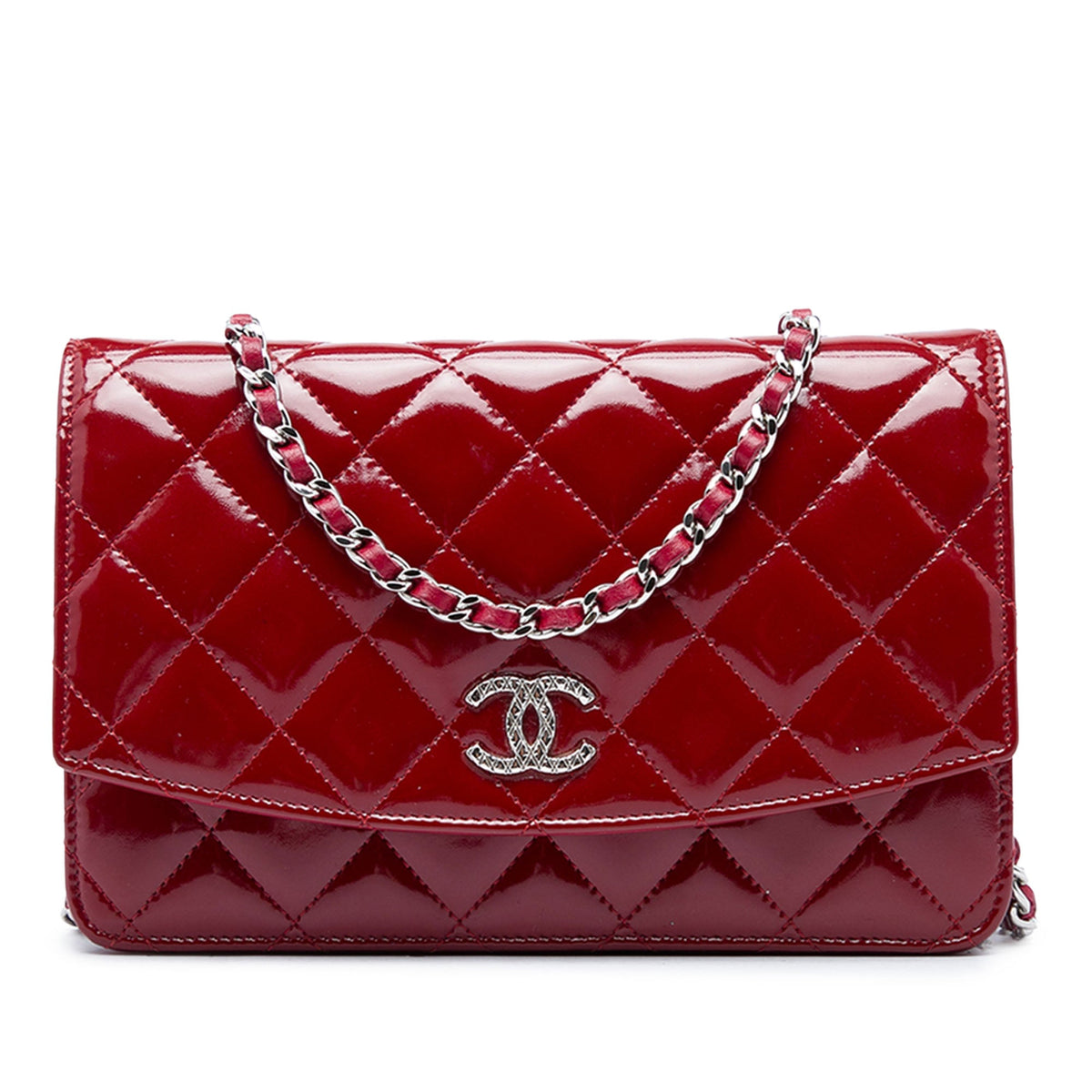 Chanel CC Quilted Patent Brilliant Wallet On Chain — Red