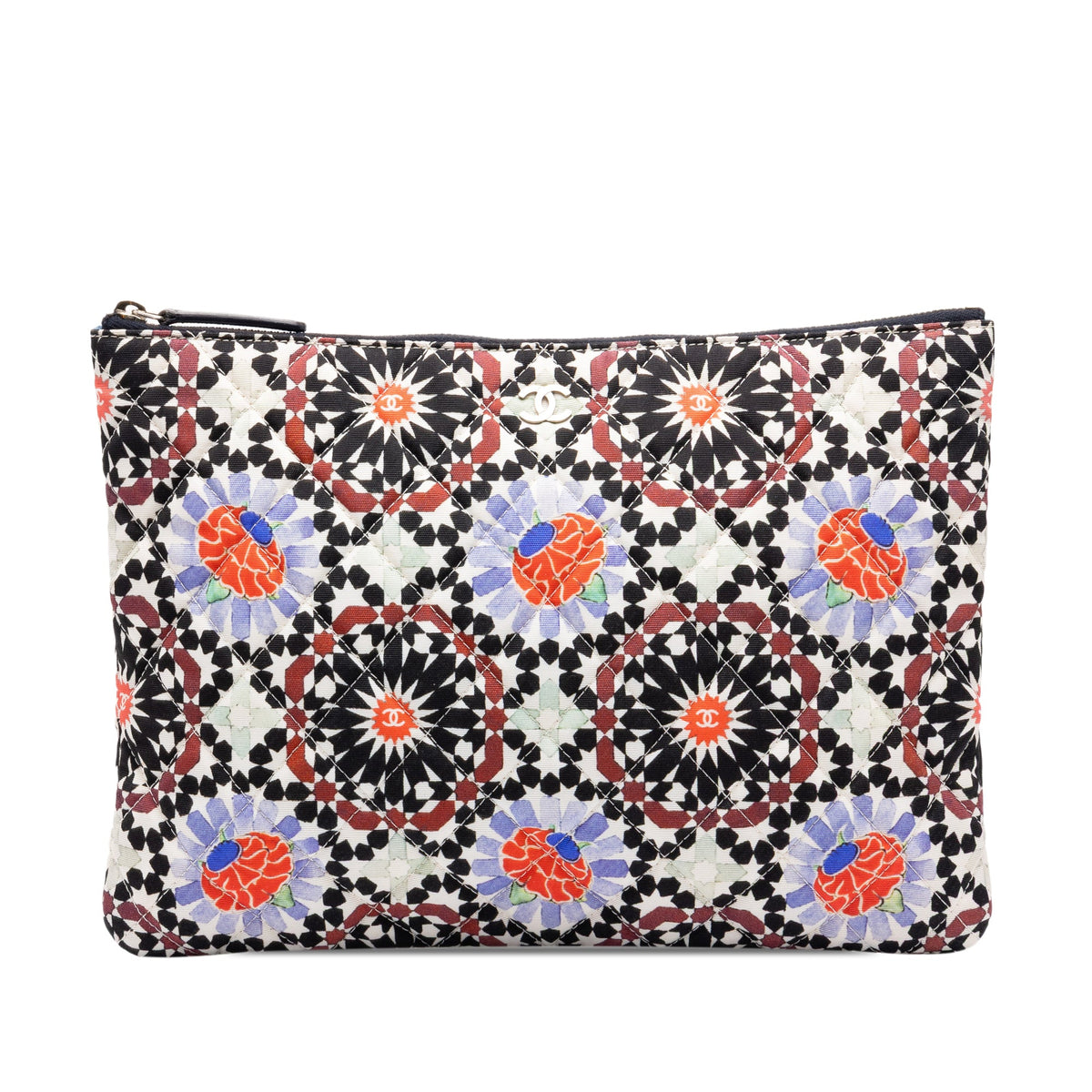Chanel Paris Dubai Medium Quilted Printed Canvas O Case Clutch — White