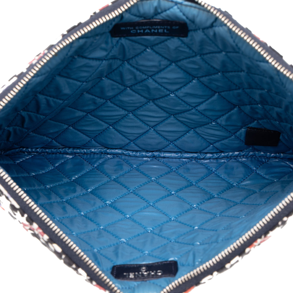Chanel Paris Dubai Medium Quilted Printed Canvas O Case Clutch — White