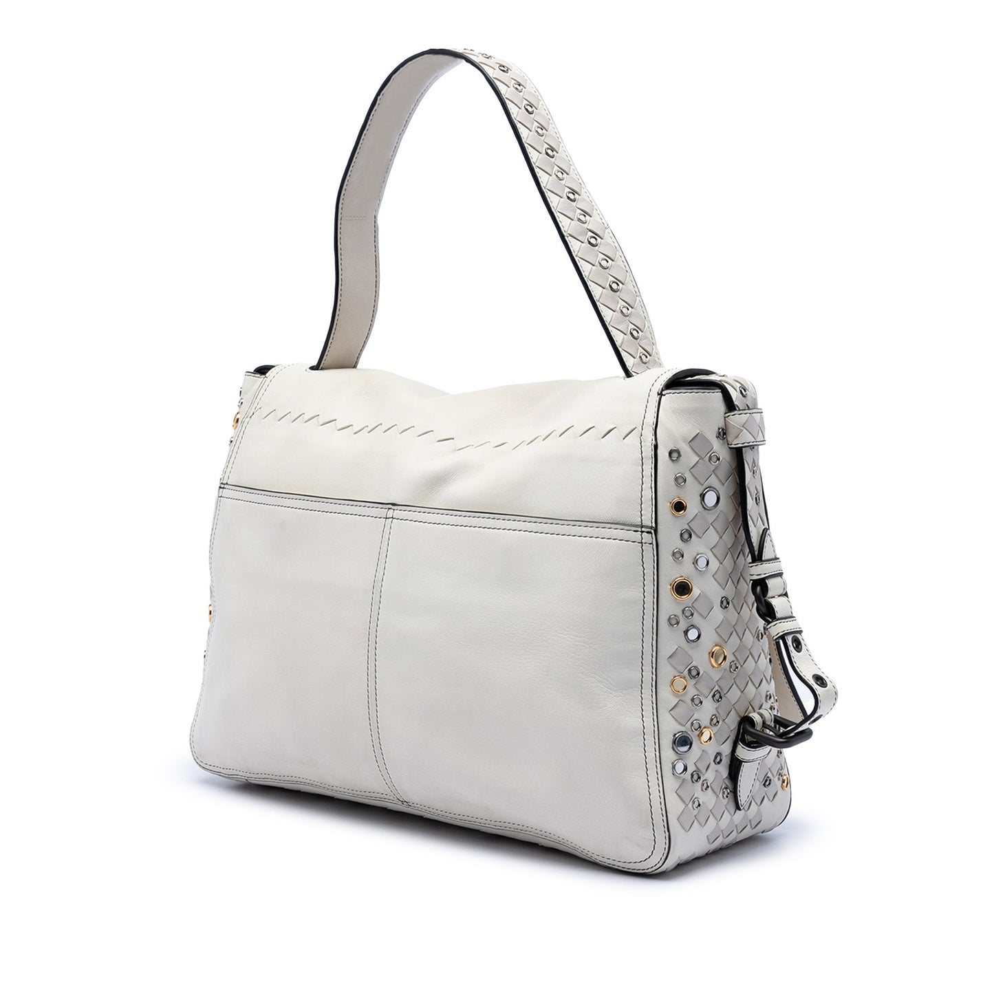 Bottega Veneta Intrecciato Trimmed Lambskin Grommet Top Handle Bag