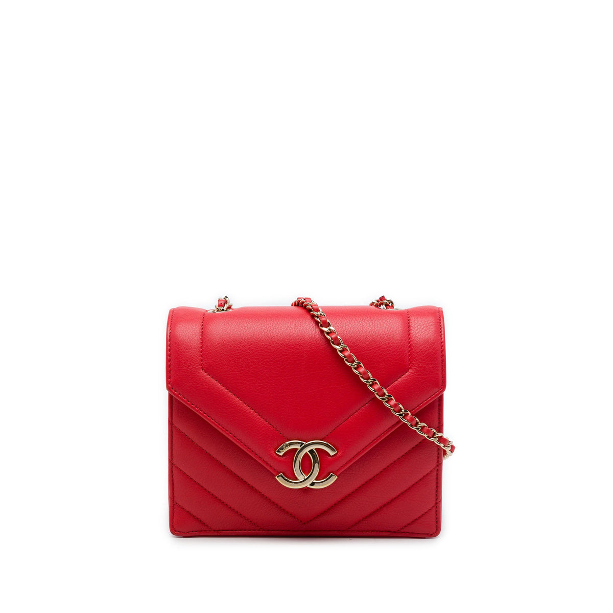 Chanel Small CC Chevron Calfskin Envelope Flap — Red