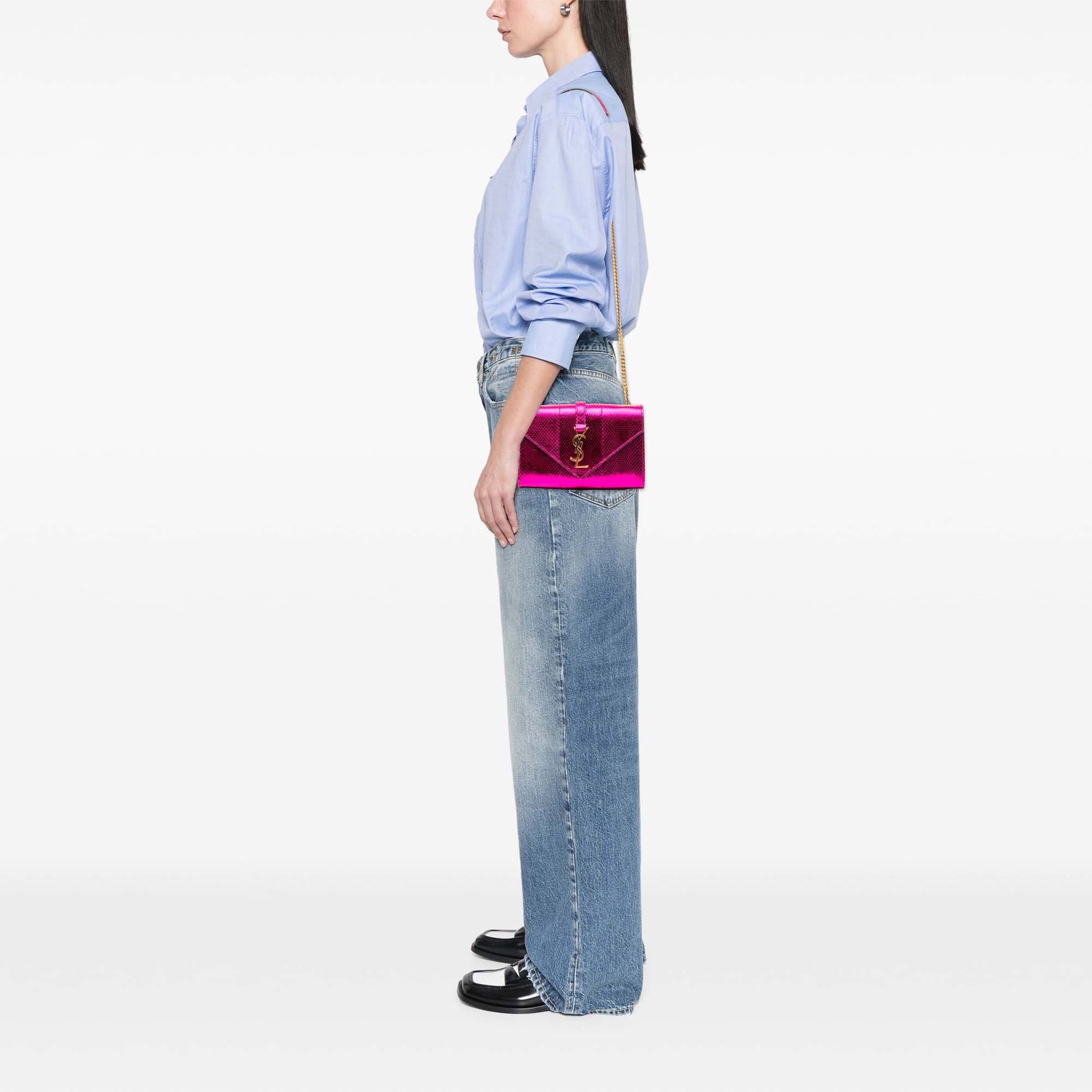 Saint Laurent Small Metallic Python Embossed Leather Monogram Envelope Bag