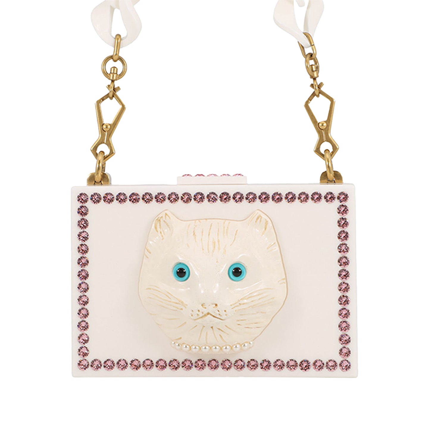 Gucci Acrylic Crystal Cat Face Box Clutch On Chain