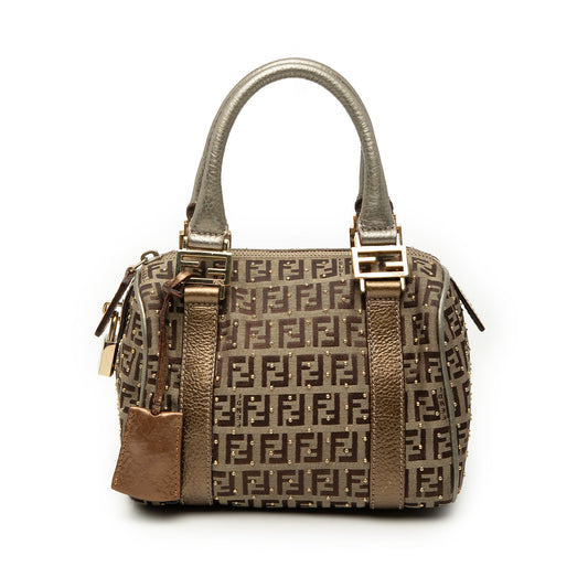 Fendi Mini Zucchino Canvas Forever Studded Bauletto Boston Bag