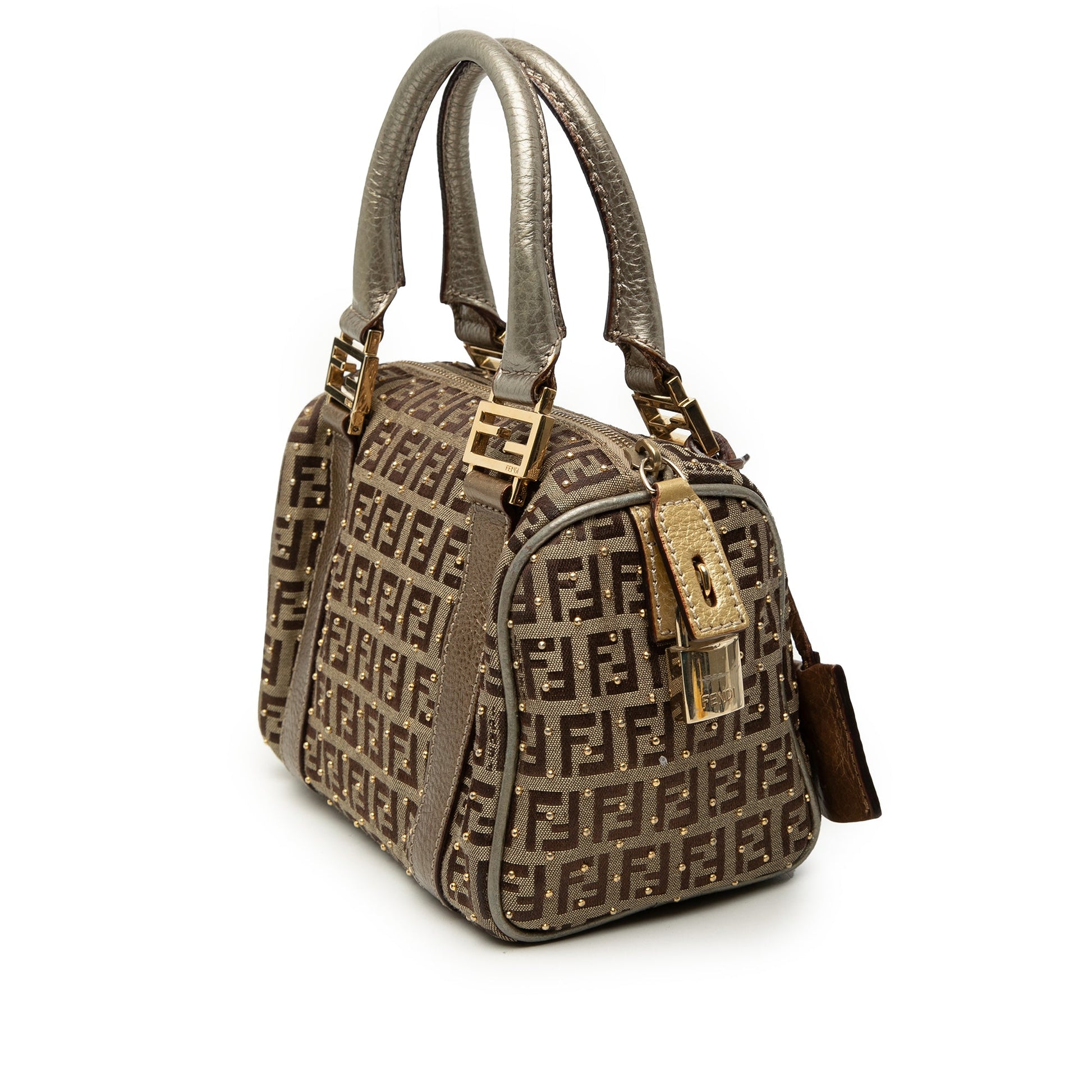 Fendi Mini Zucchino Canvas Forever Studded Bauletto Boston Bag