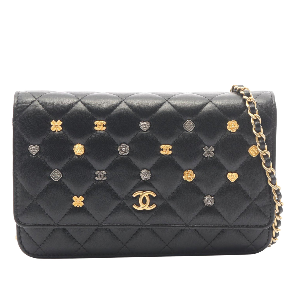 Chanel CC Quilted Studded Lambskin 18K Lucky Charms Wallet On Chain — Black