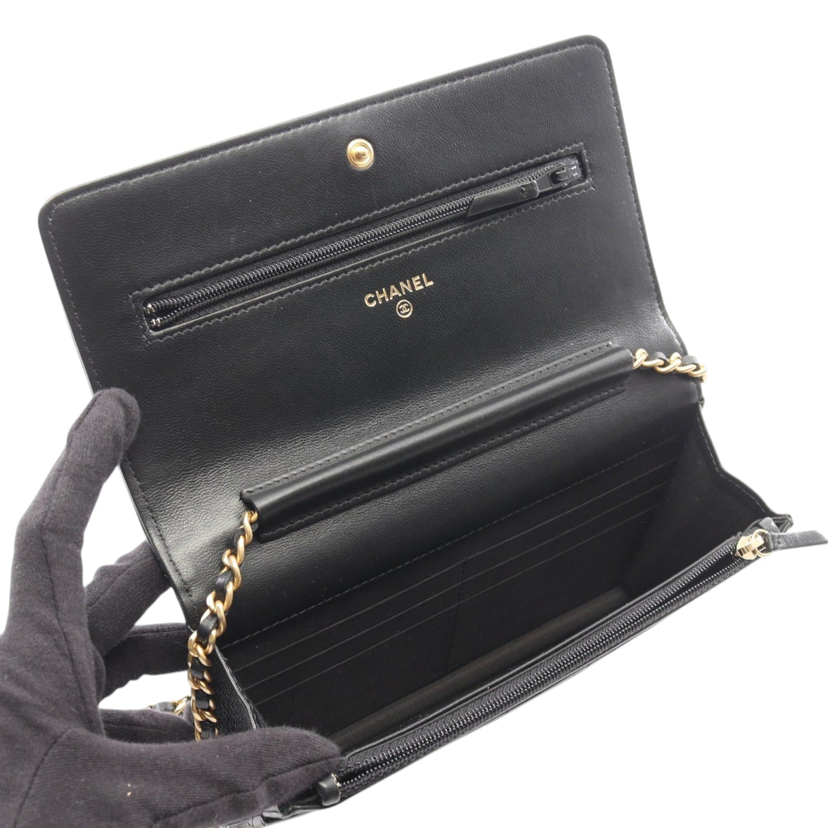 Chanel CC Quilted Studded Lambskin 18K Lucky Charms Wallet On Chain — Black