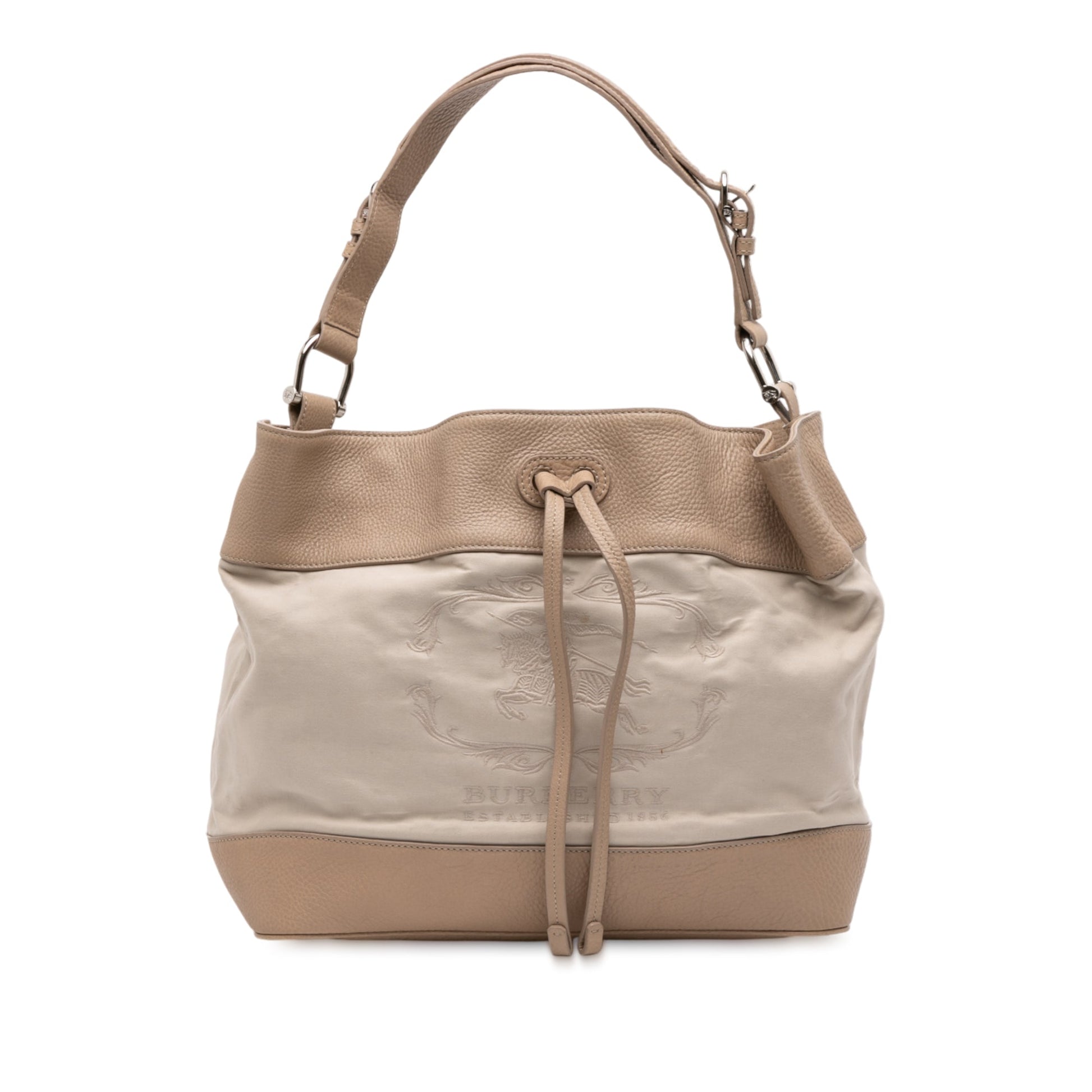 Burberry Leather Trimmed Canvas Drawstring Bucket Bag