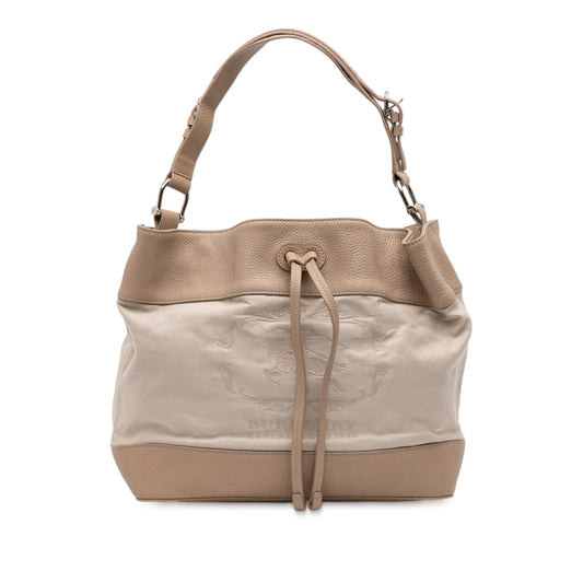 Burberry Leather Trimmed Canvas Drawstring Bucket Bag