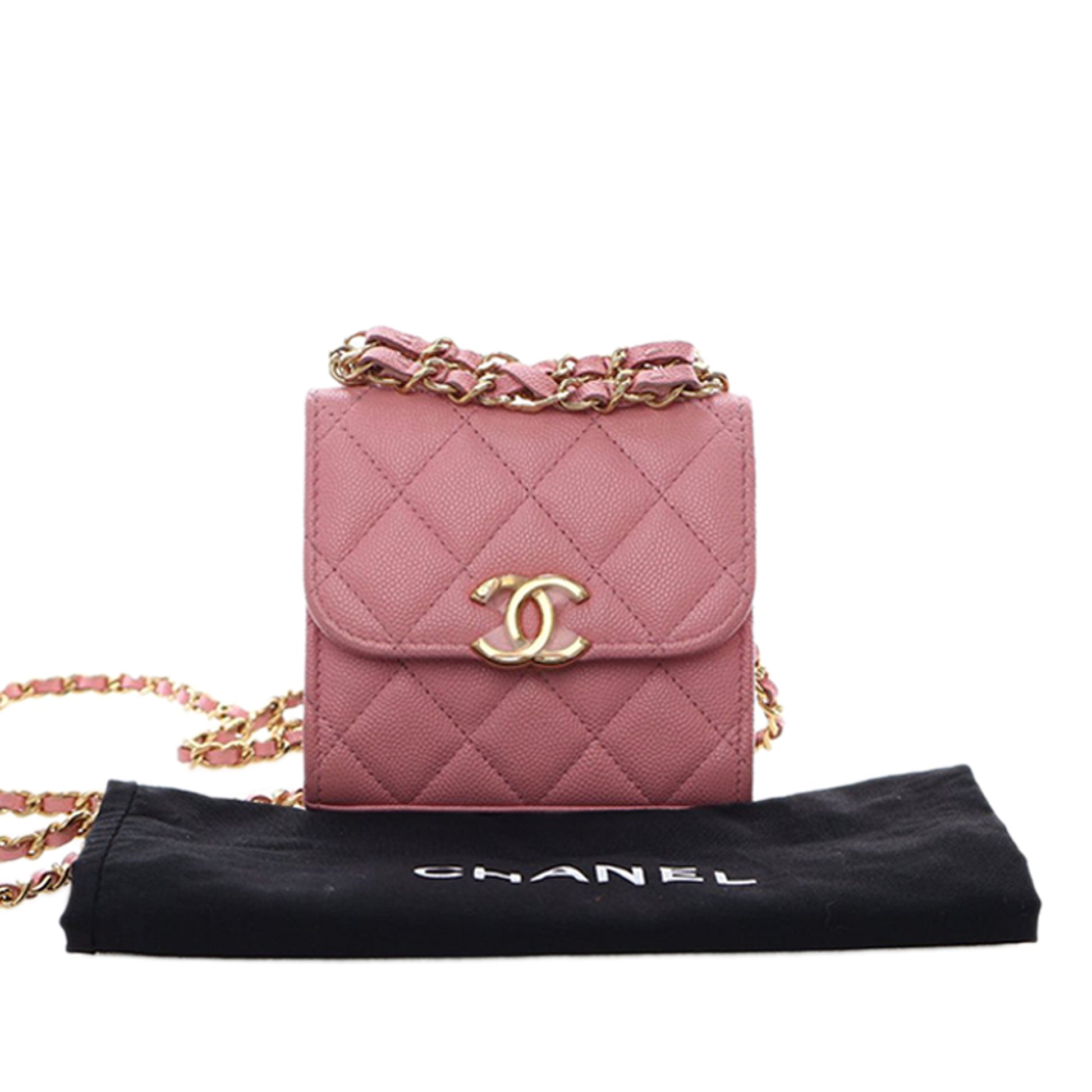 Chanel Mini CC Quilted Caviar Top Handle Clutch with Chain