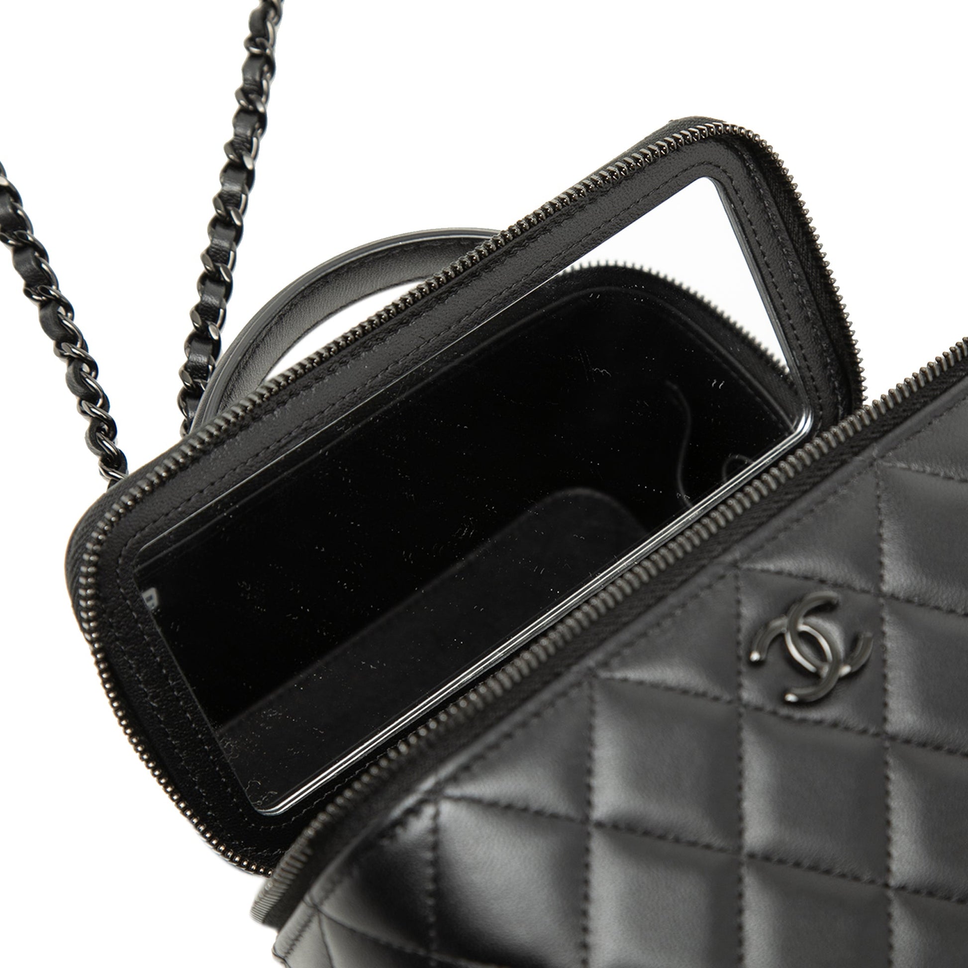Chanel Small Lambskin So Black Top Handle Vanity Case with Chain