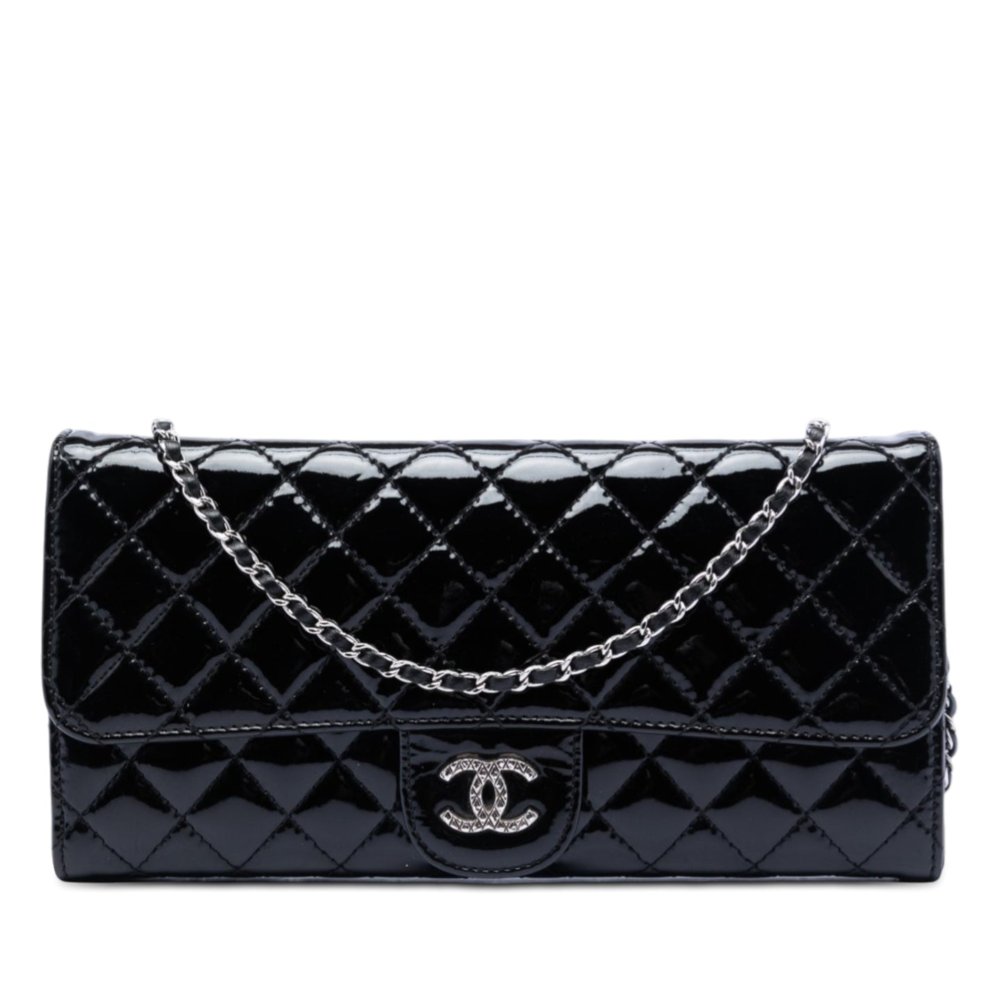 Quilted Patent Brilliant East West Flap Clutch with Chain