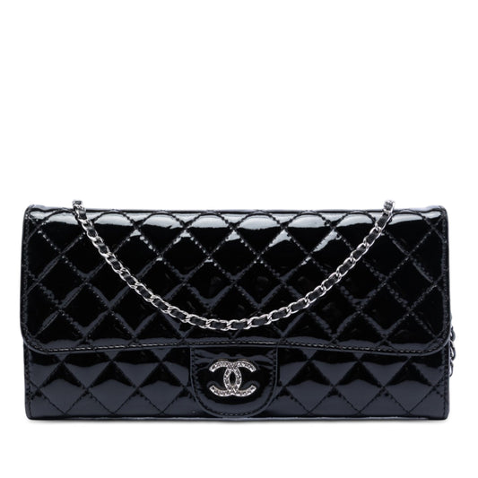 Quilted Patent Brilliant East West Flap Clutch with Chain