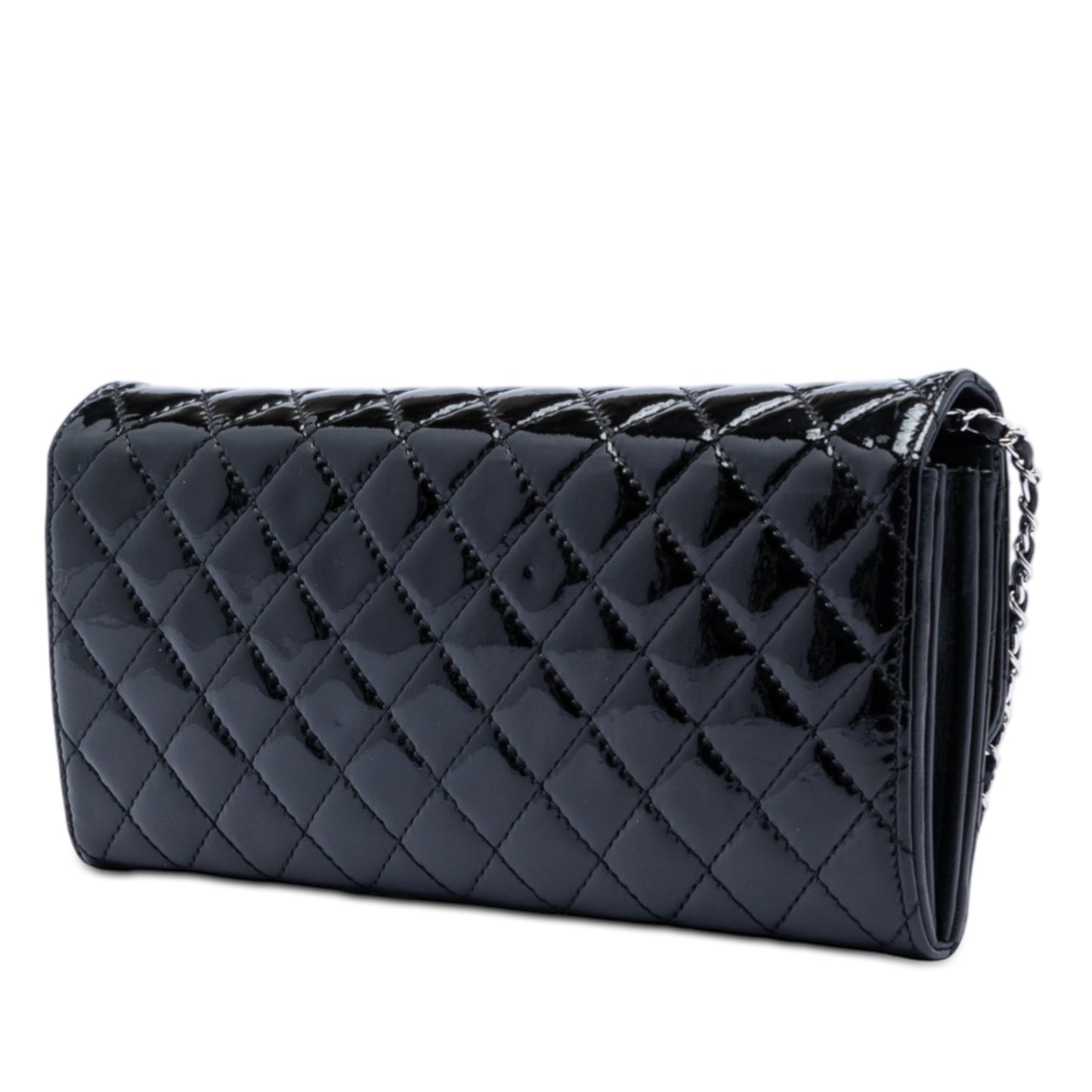Quilted Patent Brilliant East West Flap Clutch with Chain