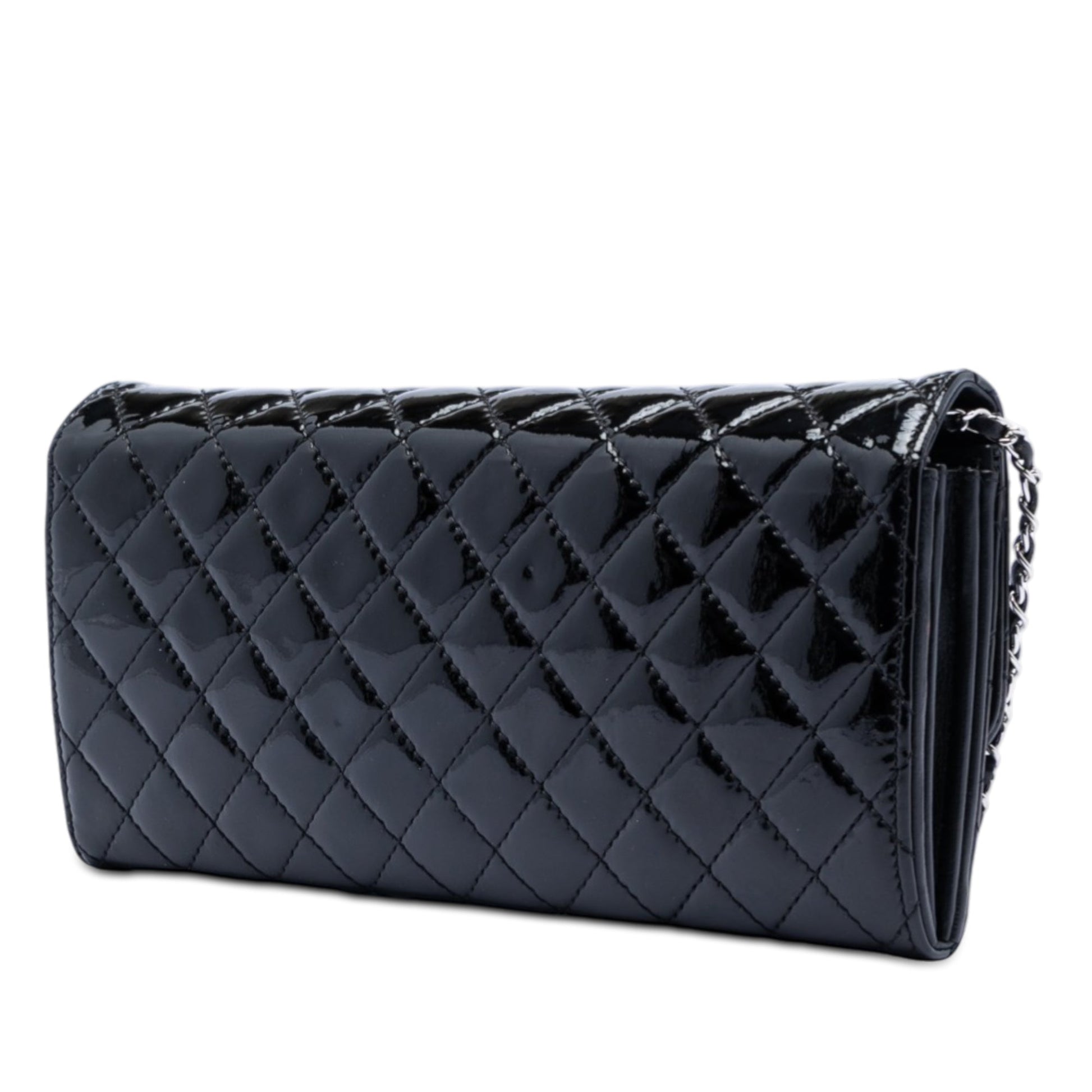 Quilted Patent Brilliant East West Flap Clutch with Chain