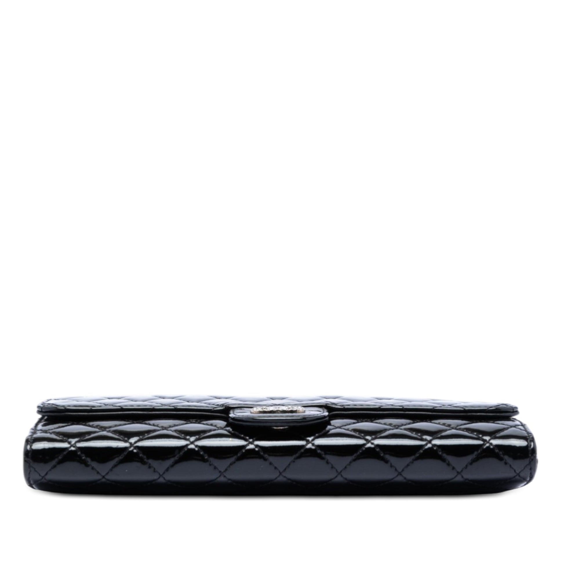 Quilted Patent Brilliant East West Flap Clutch with Chain