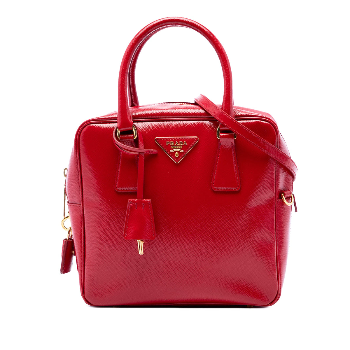 Prada Small Saffiano Vernice Square Bauletto Satchel — Red