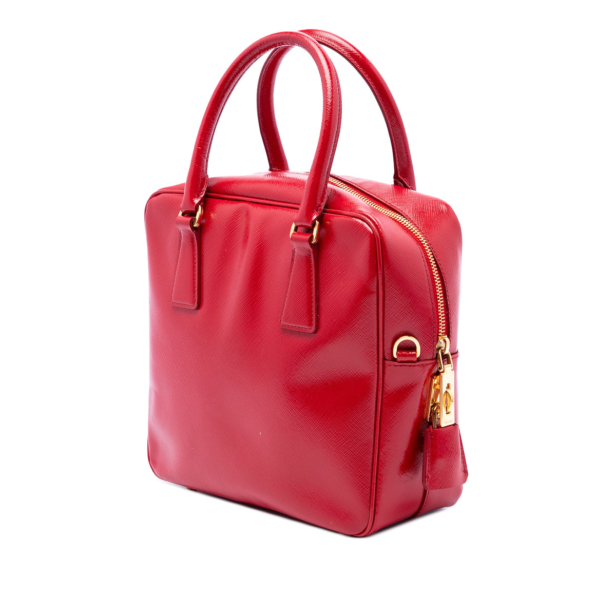 Prada Small Saffiano Vernice Square Bauletto Satchel — Red