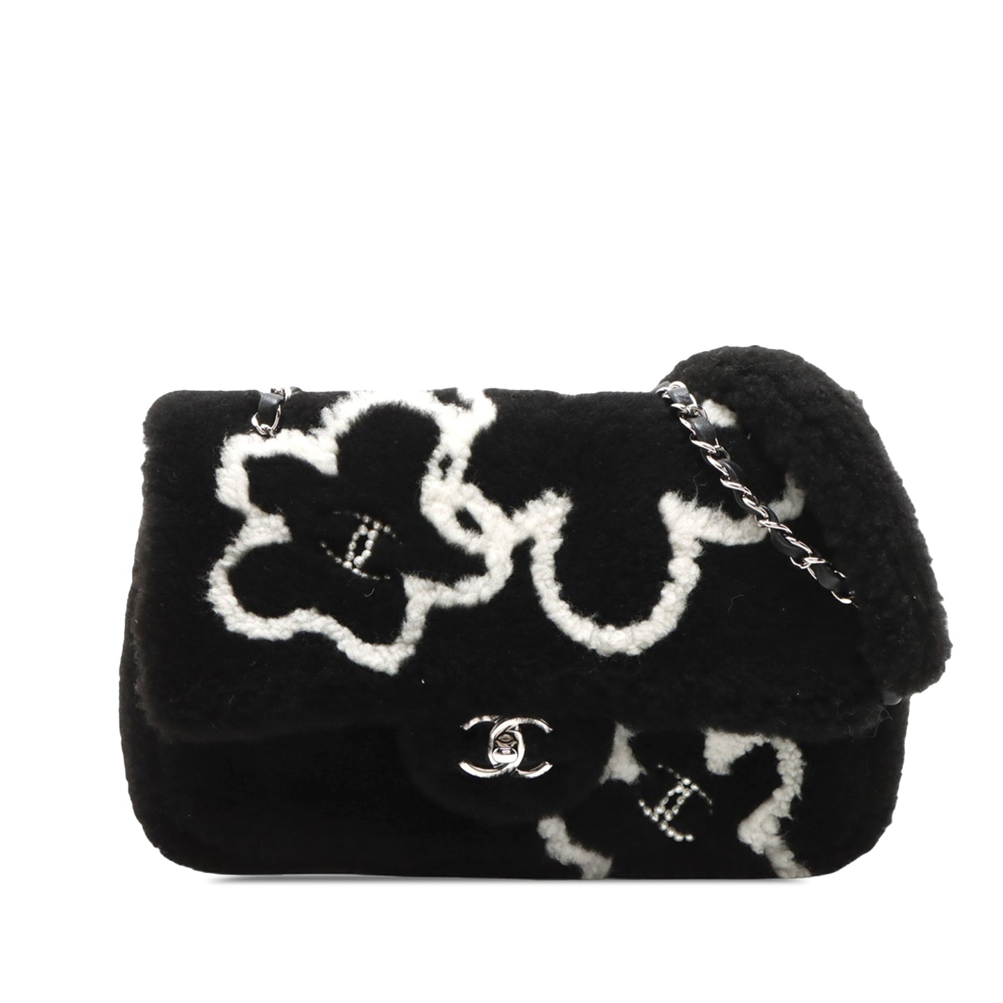 Chanel Shearling Camellia Pearl Embellished Flap