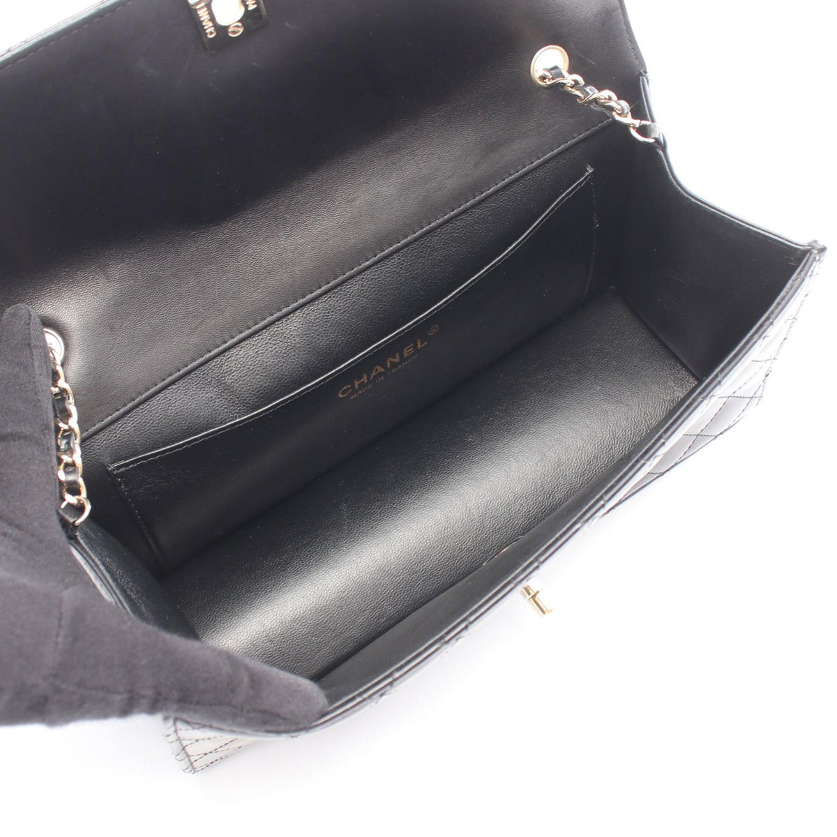 Chanel CC Quilted Patent East West Flap Clutch with Chain