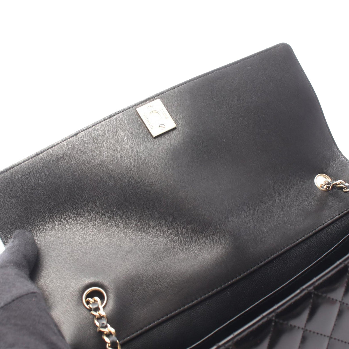 Chanel CC Quilted Patent East West Flap Clutch with Chain