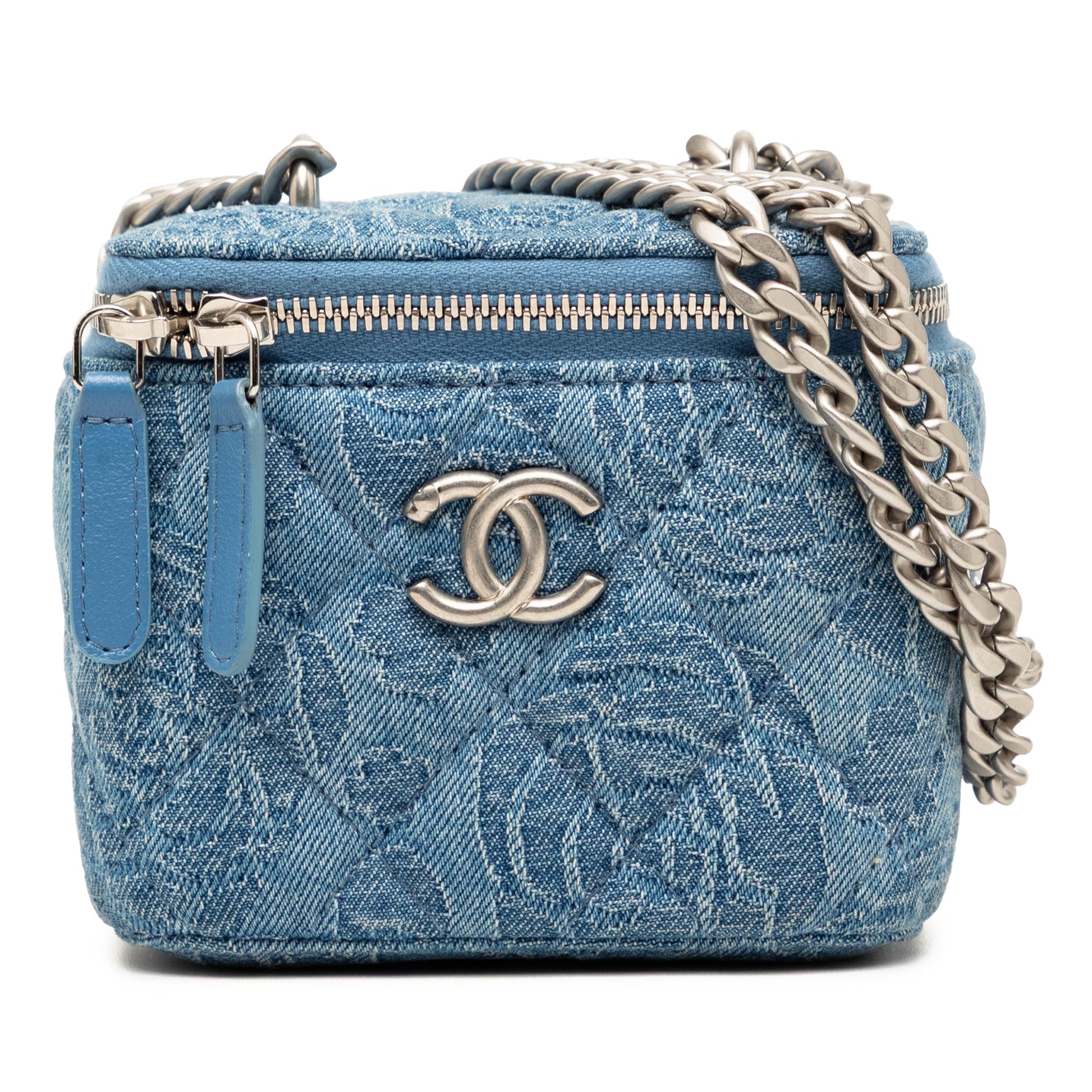 Chanel Mini Quilted Denim Camellia Sweetheart Vanity Case With Chain