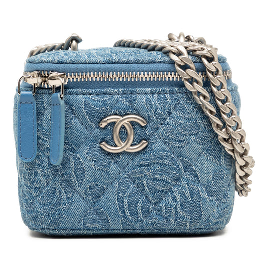 Chanel Mini Quilted Denim Camellia Sweetheart Vanity Case With Chain