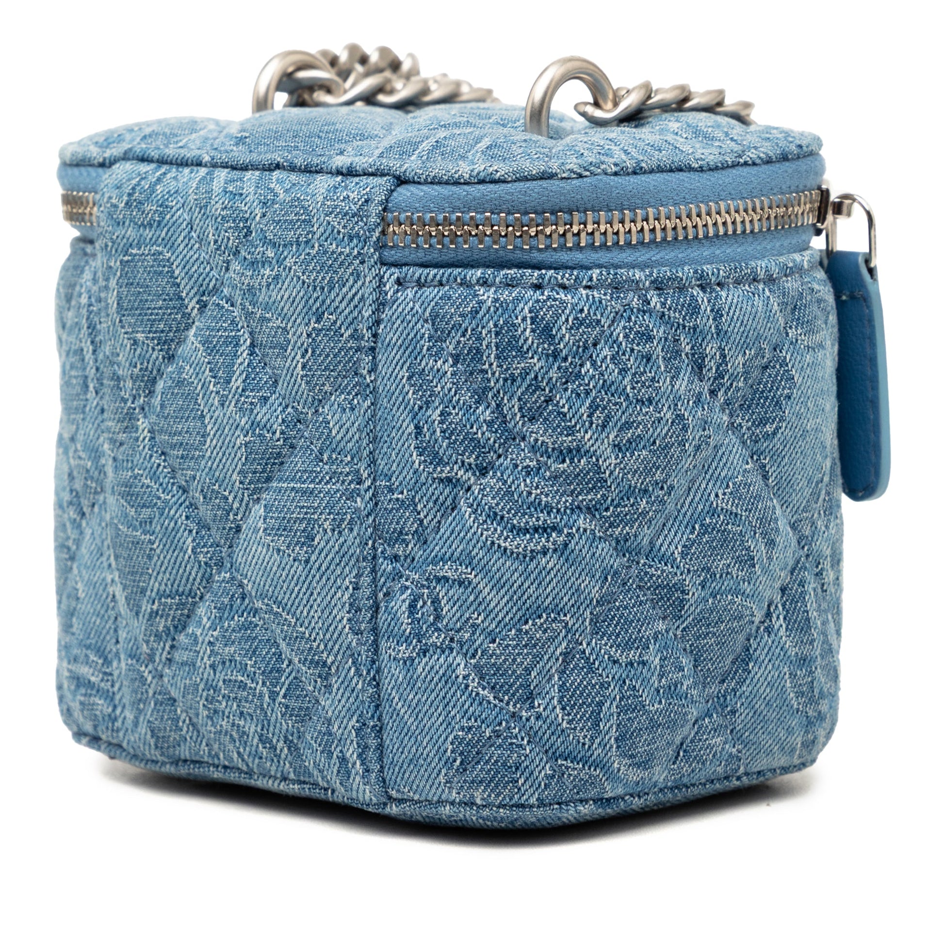 Chanel Mini Quilted Denim Camellia Sweetheart Vanity Case With Chain