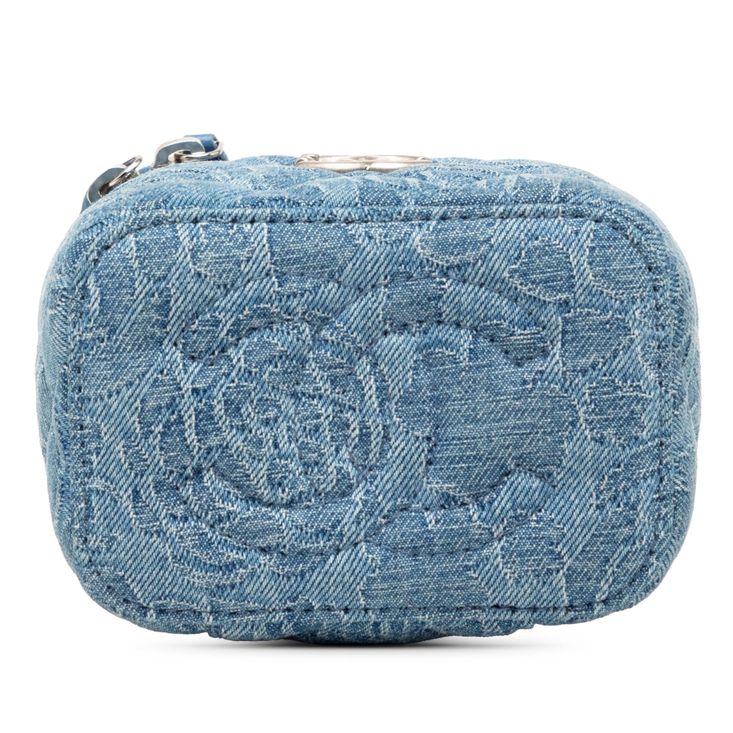 Chanel Mini Quilted Denim Camellia Sweetheart Vanity Case With Chain