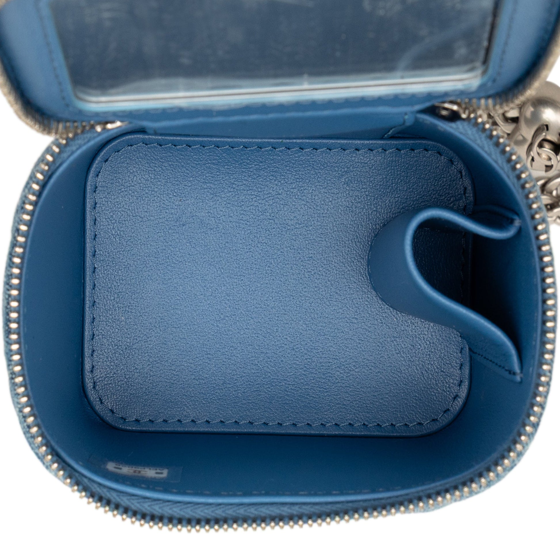 Chanel Mini Quilted Denim Camellia Sweetheart Vanity Case With Chain