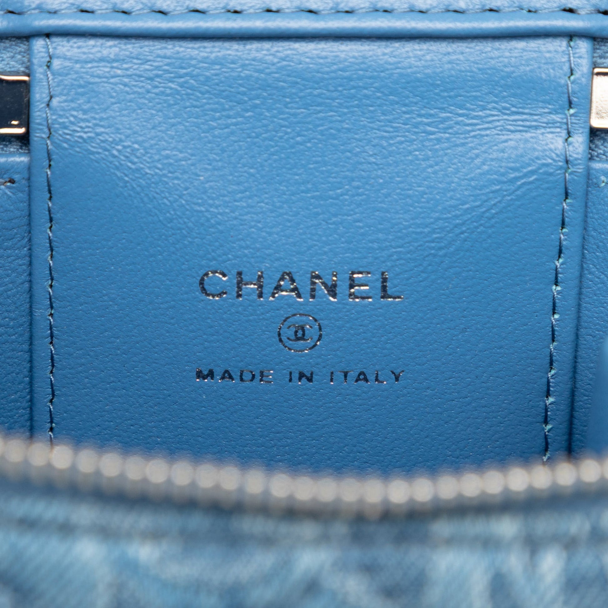 Chanel Mini Quilted Denim Camellia Sweetheart Vanity Case With Chain