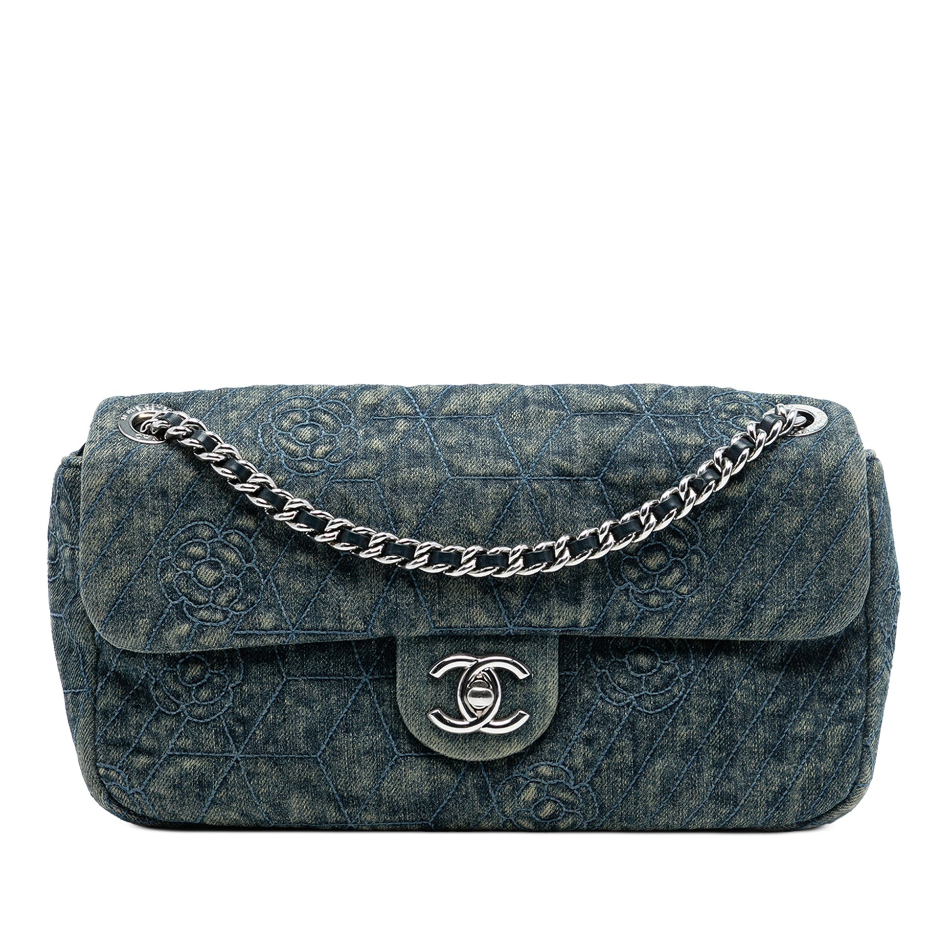 Chanel Medium Embroidered Denim Camellia Flap