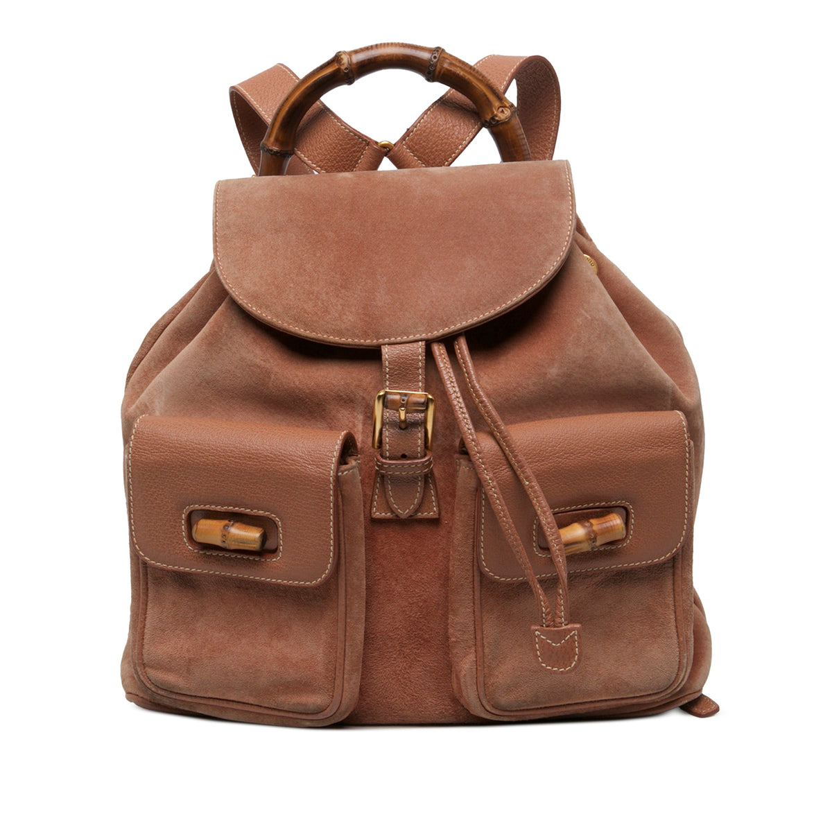 Gucci Large Suede Bamboo Drawstring Backpack — Brown