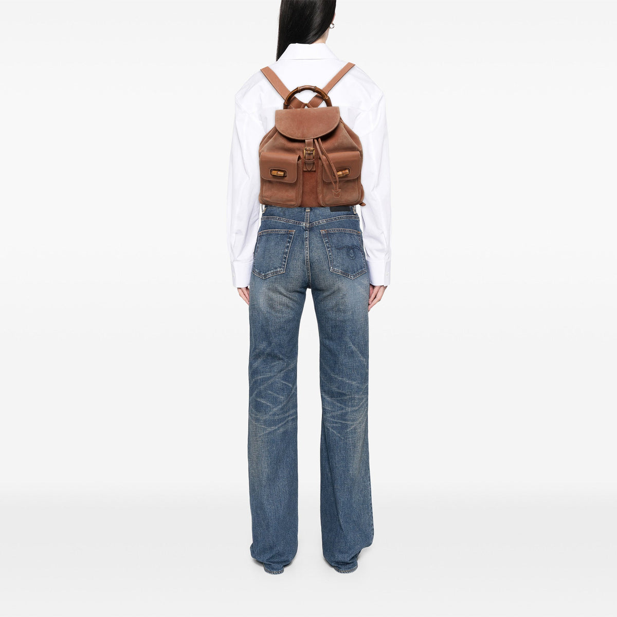 Gucci Large Suede Bamboo Drawstring Backpack — Brown