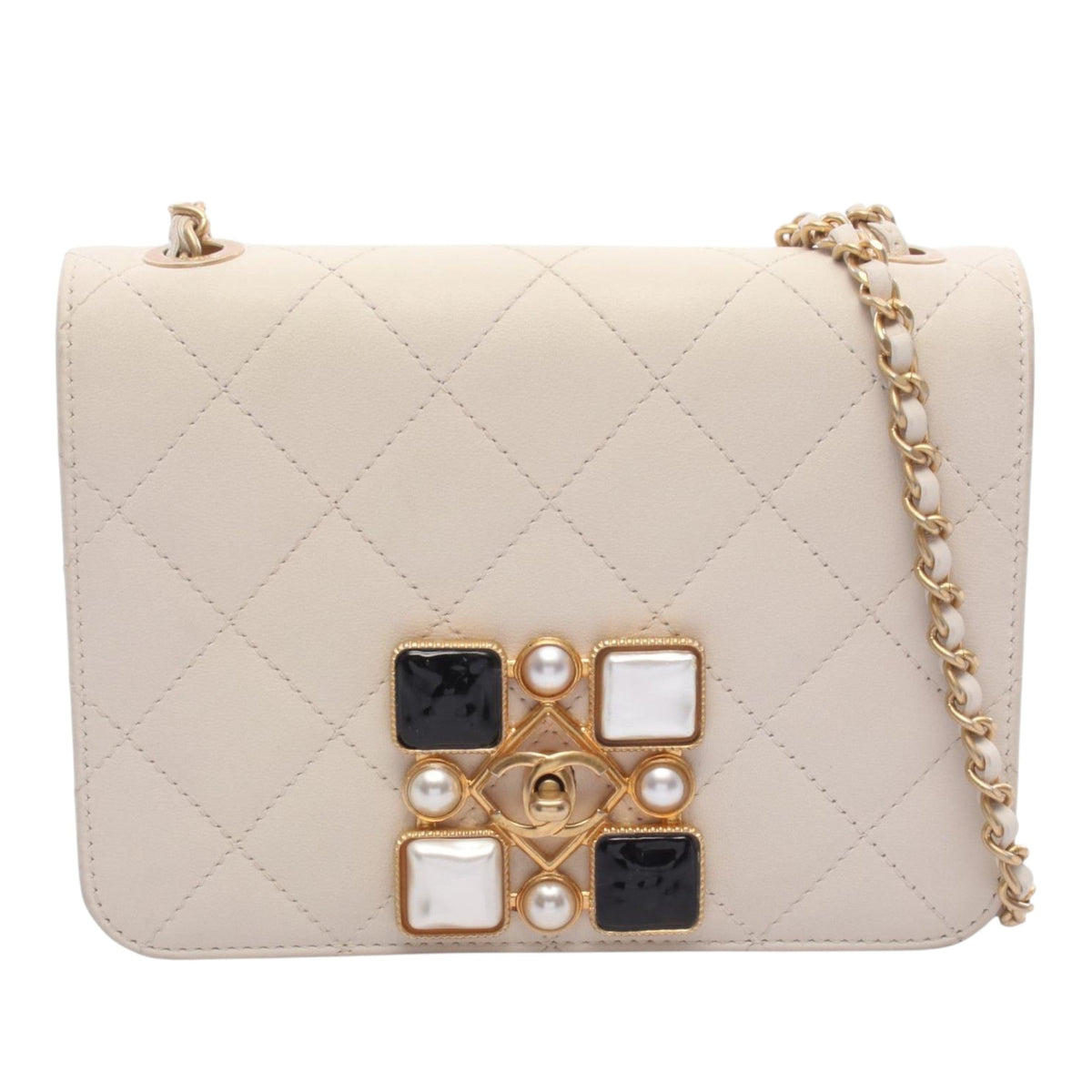 Chanel Small CC Quilted Calfskin Crystal Pearl Full Flap — White
