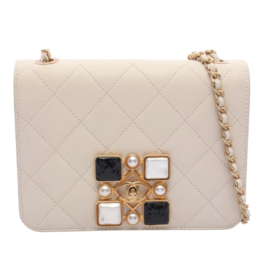 Chanel Small CC Quilted Calfskin Crystal Pearl Full Flap — White