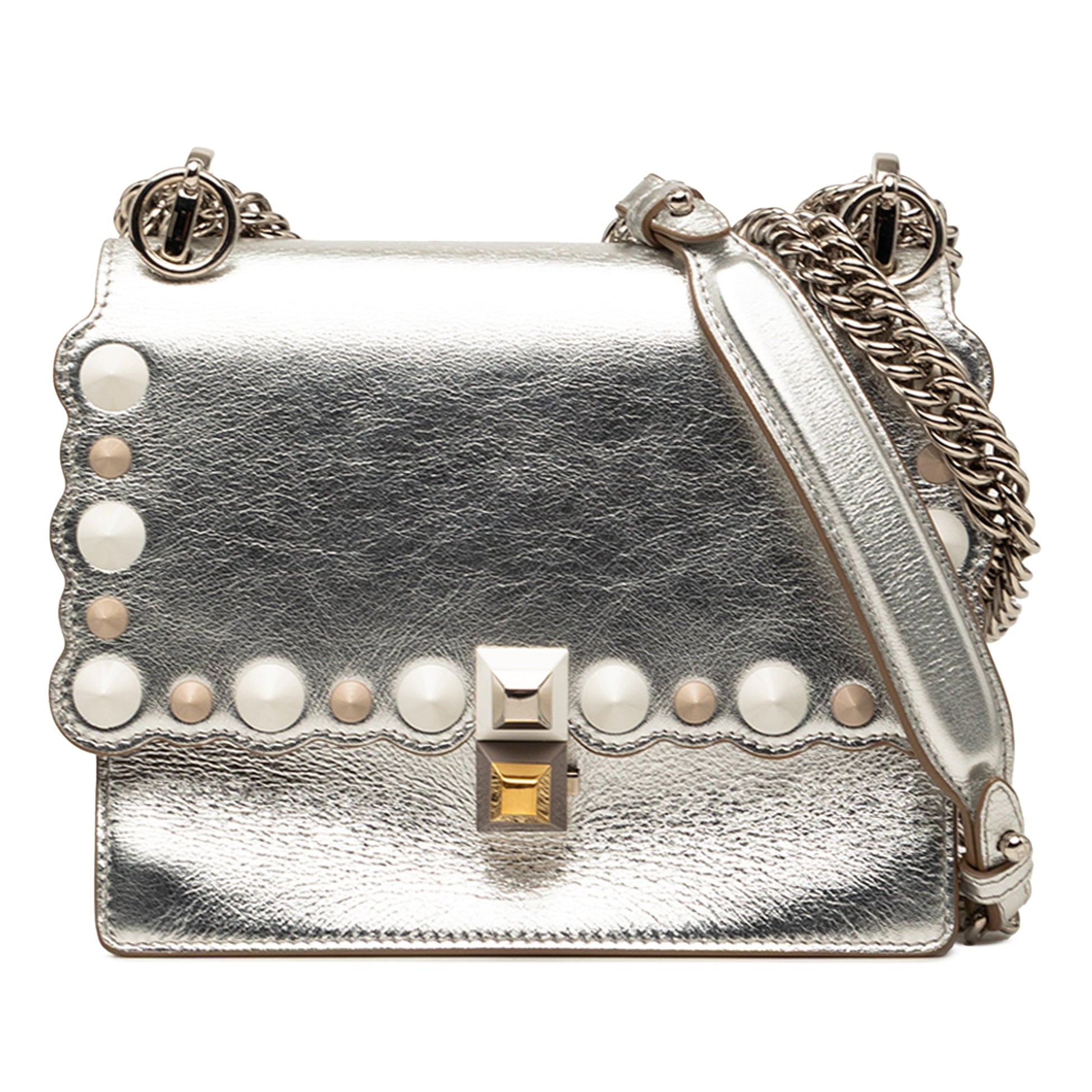 Fendi Mini Scalloped Metallic Leather and Pearls Kan I Crossbody