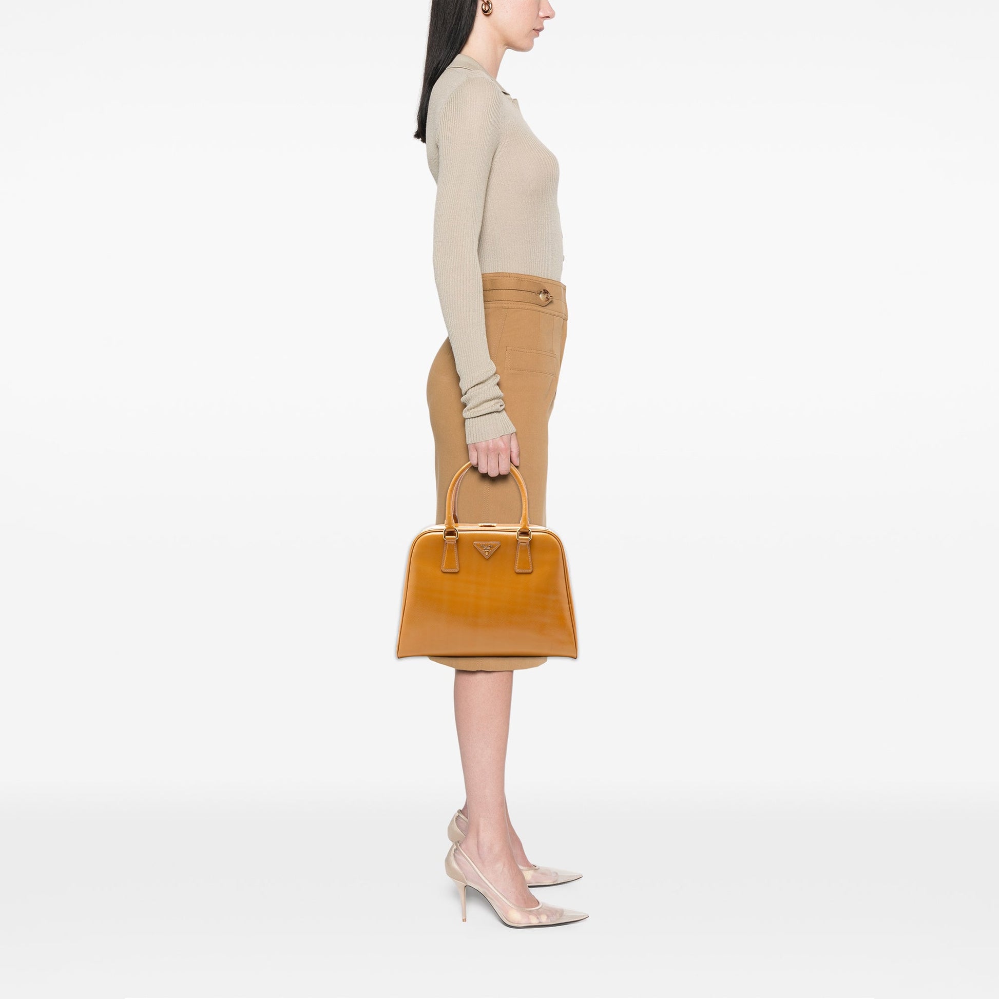 Prada Saffiano Vernice Pyramid Frame Handbag