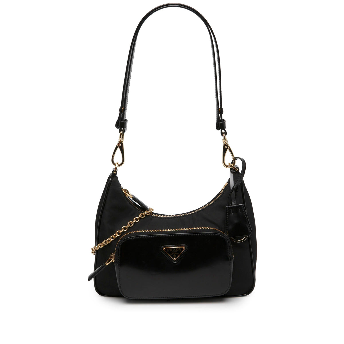 Prada Re Nylon Brushed Leather Front Pocket Hobo — Black
