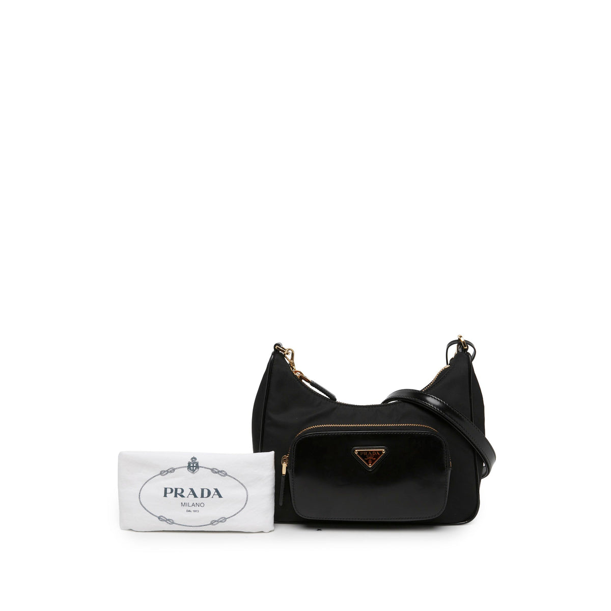 Prada Re Nylon Brushed Leather Front Pocket Hobo — Black