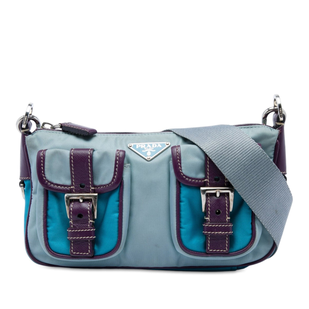 Prada Saffiano Trimmed Tessuto Front Pocket Zip Top Shoulder Bag — Blue